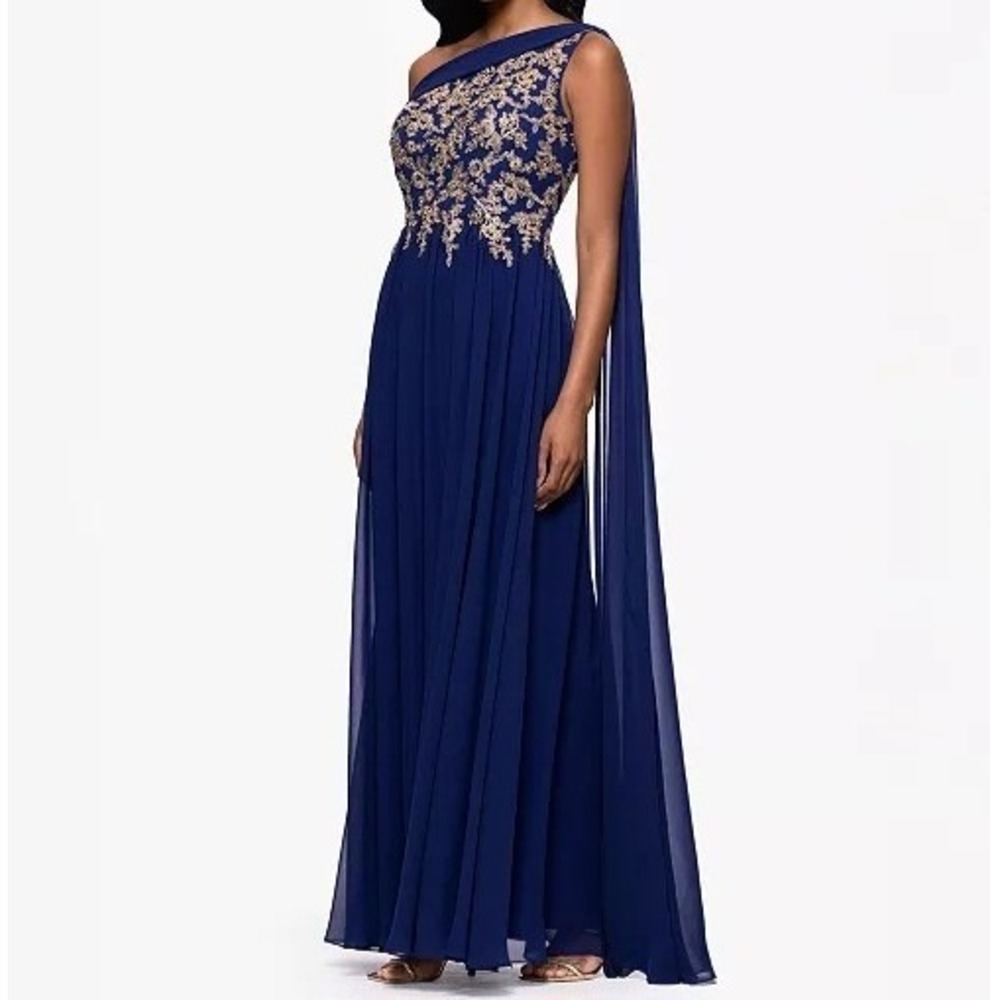Betsy & Adam Embroidered Off The Shoulder Navy Gold Dress Womens Size 12 NWT